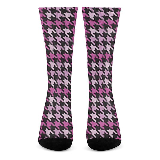 Pink Houndstooth Pattern Print Crew Socks
