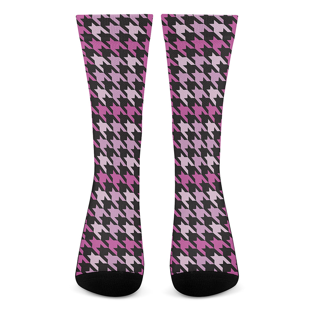 Pink Houndstooth Pattern Print Crew Socks