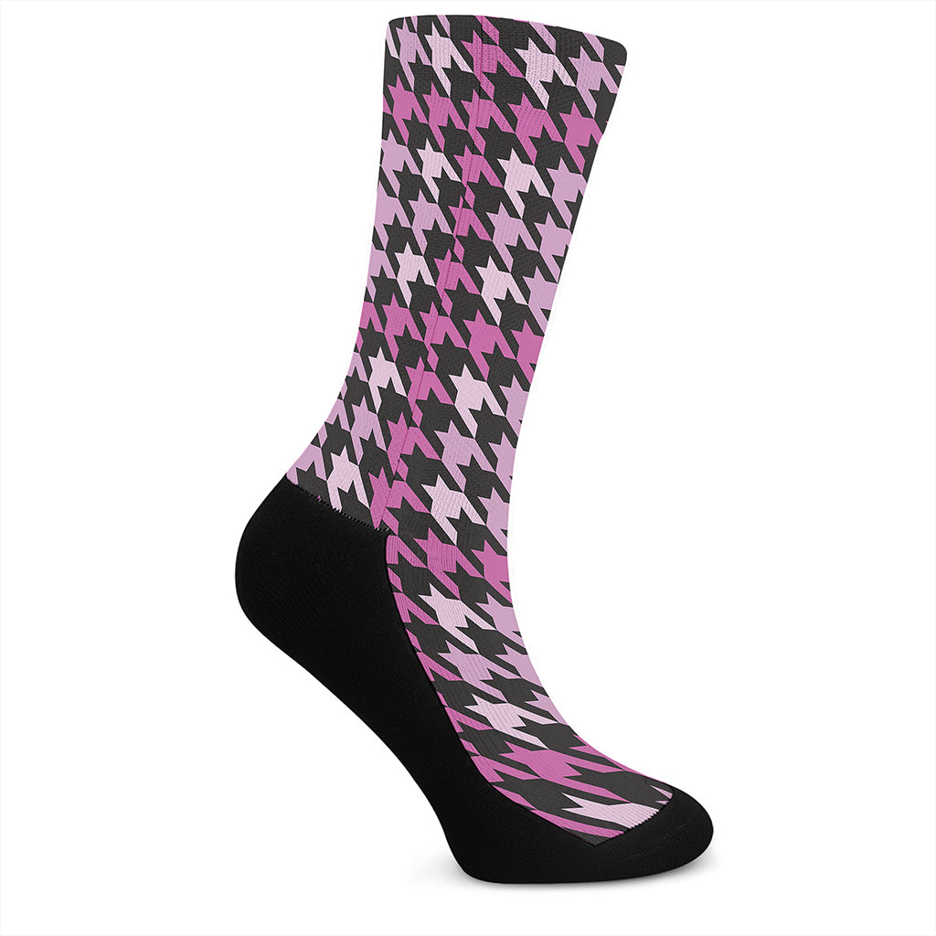 Pink Houndstooth Pattern Print Crew Socks