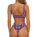 Pink Houndstooth Pattern Print Front Bow Tie Bikini