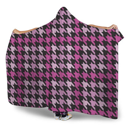 Pink Houndstooth Pattern Print Hooded Blanket
