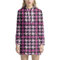 Pink Houndstooth Pattern Print Pullover Hoodie Dress