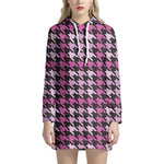 Pink Houndstooth Pattern Print Hoodie Dress