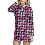 Pink Houndstooth Pattern Print Hoodie Dress