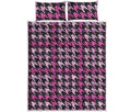 Pink Houndstooth Pattern Print Quilt Bed Set