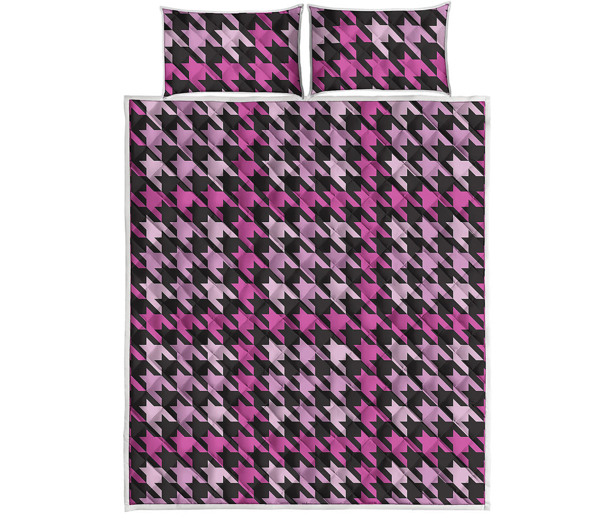 Pink Houndstooth Pattern Print Quilt Bed Set
