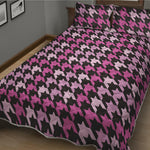 Pink Houndstooth Pattern Print Quilt Bed Set