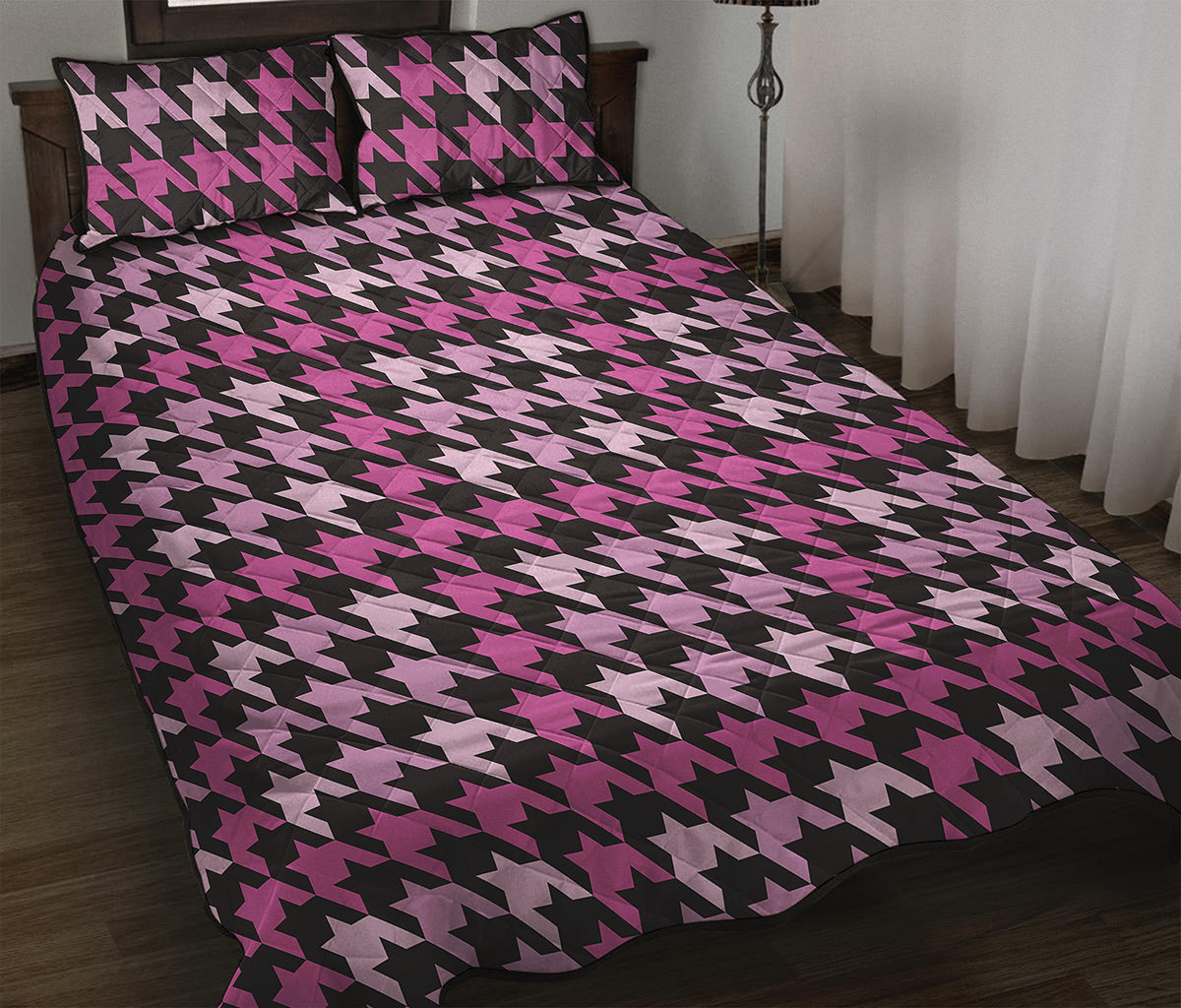Pink Houndstooth Pattern Print Quilt Bed Set