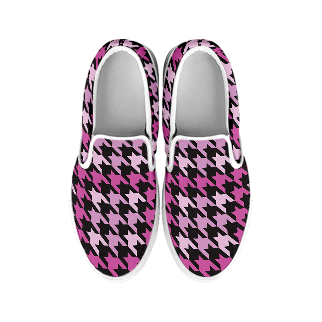 Pink Houndstooth Pattern Print White Slip On Shoes