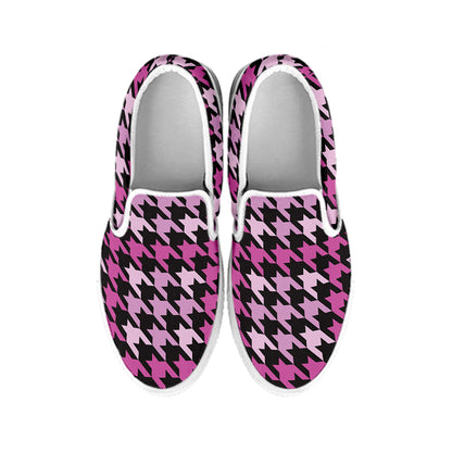 Pink Houndstooth Pattern Print White Slip On Shoes