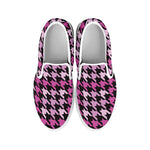 Pink Houndstooth Pattern Print White Slip On Shoes