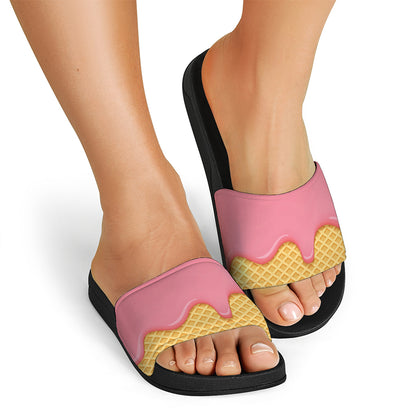Pink Ice Cream Melted Print Black Slide Sandals