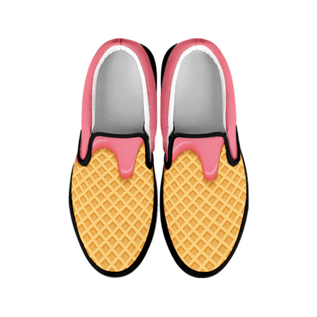 Pink Ice Cream Melted Print Black Slip On Shoes