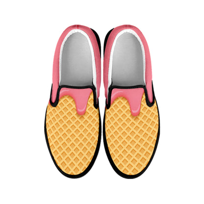 Pink Ice Cream Melted Print Black Slip On Shoes