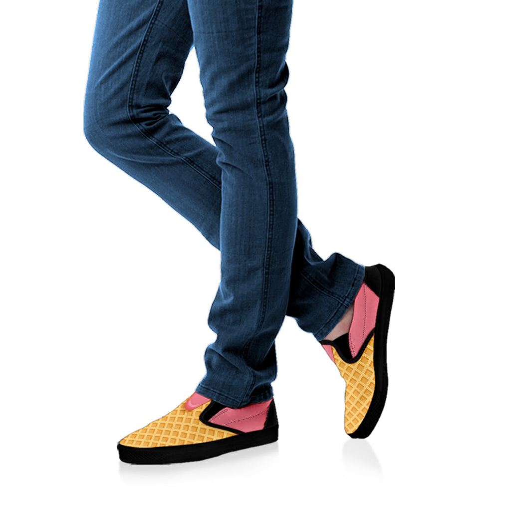 Pink Ice Cream Melted Print Black Slip On Shoes