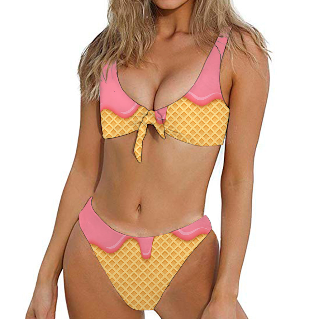 Pink Ice Cream Melted Print Front Bow Tie Bikini
