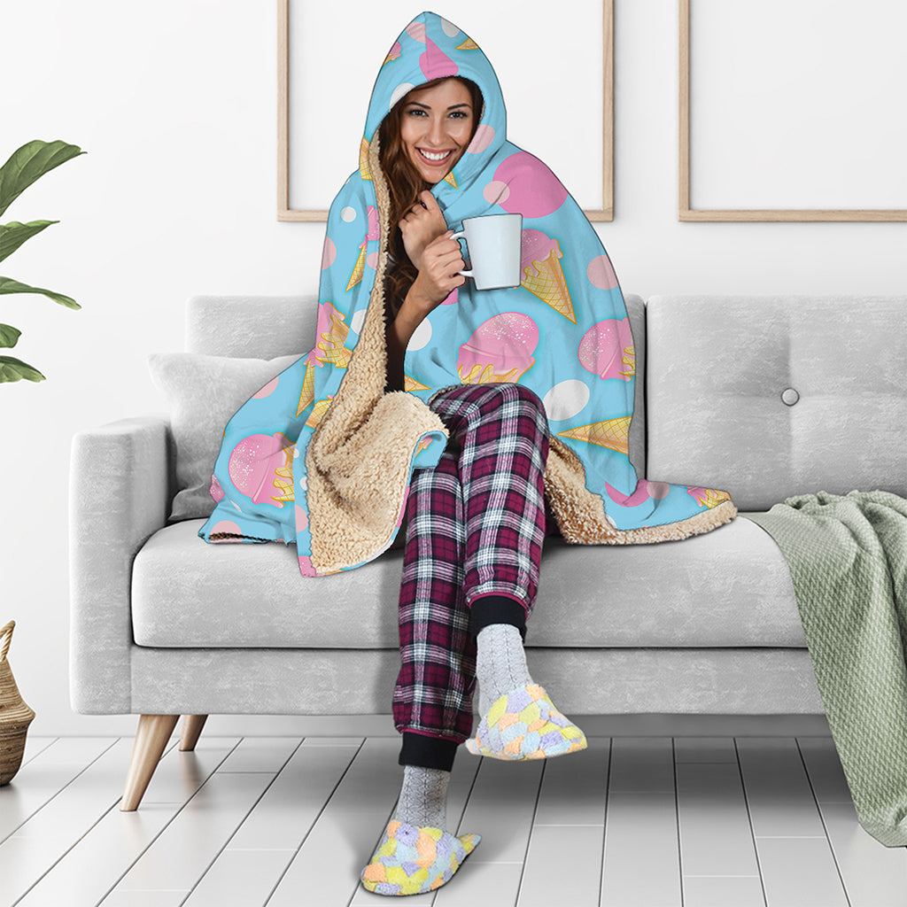 Pink Ice Cream Pattern Print Hooded Blanket