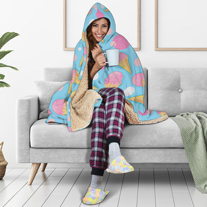 Pink Ice Cream Pattern Print Hooded Blanket
