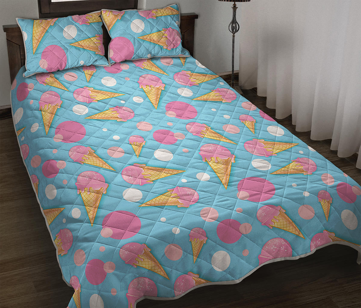 Pink Ice Cream Pattern Print Quilt Bed Set