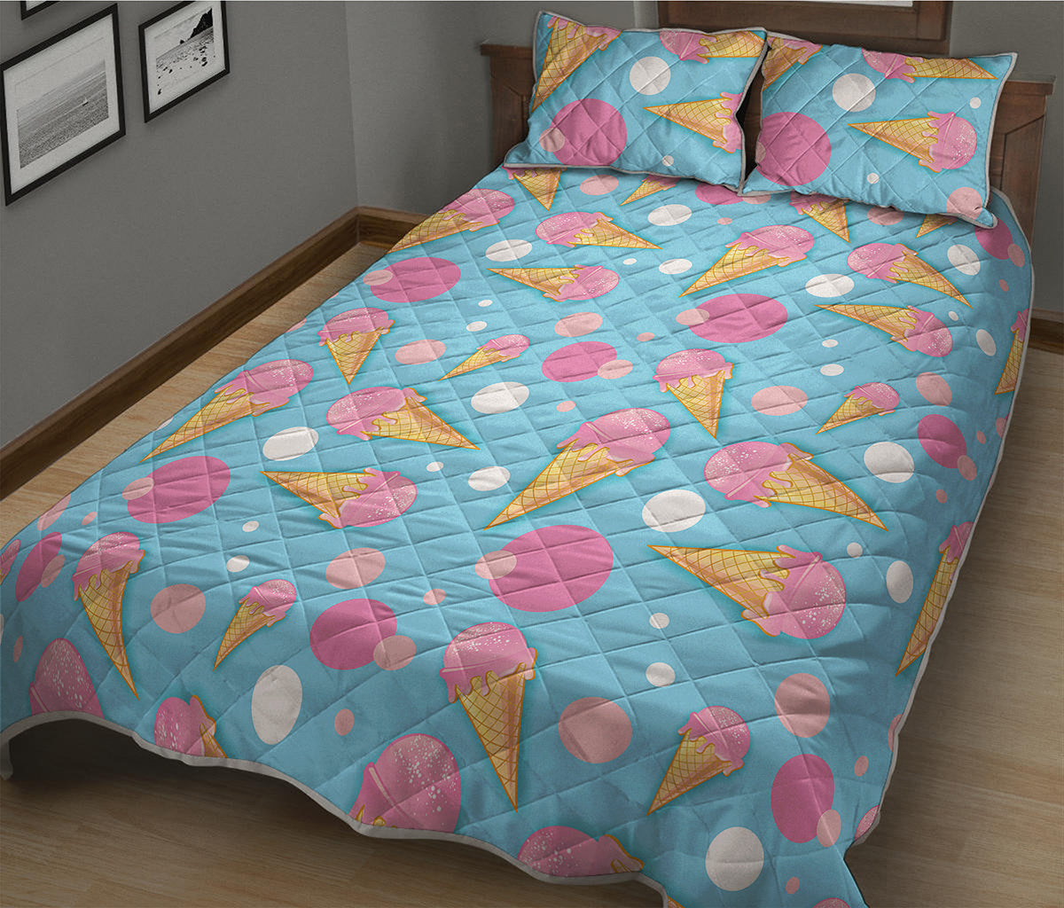Pink Ice Cream Pattern Print Quilt Bed Set