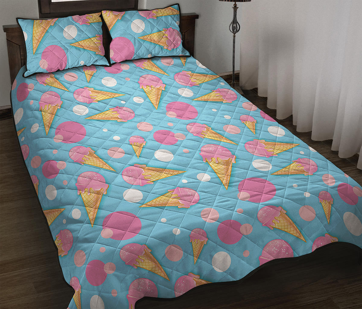 Pink Ice Cream Pattern Print Quilt Bed Set