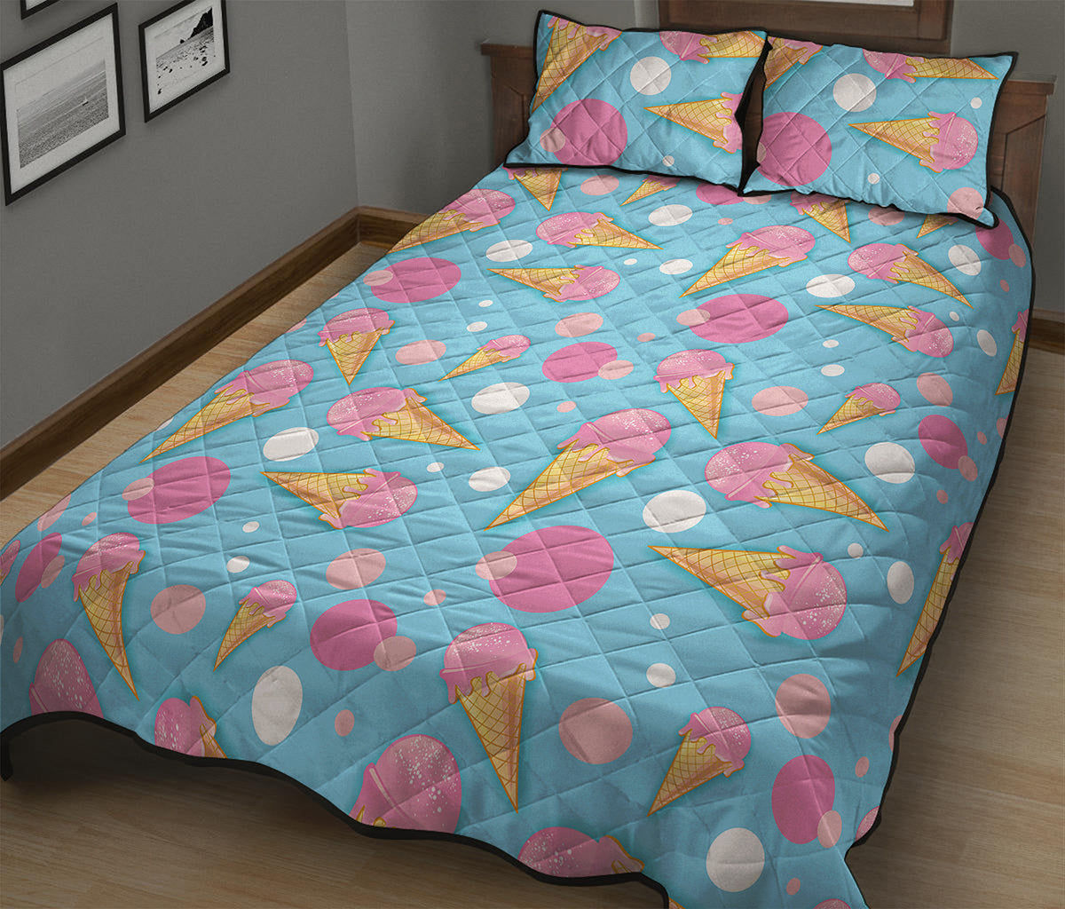 Pink Ice Cream Pattern Print Quilt Bed Set