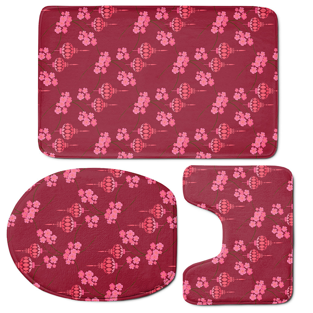 Pink Japanese Lantern Pattern Print 3 Piece Bath Mat Set