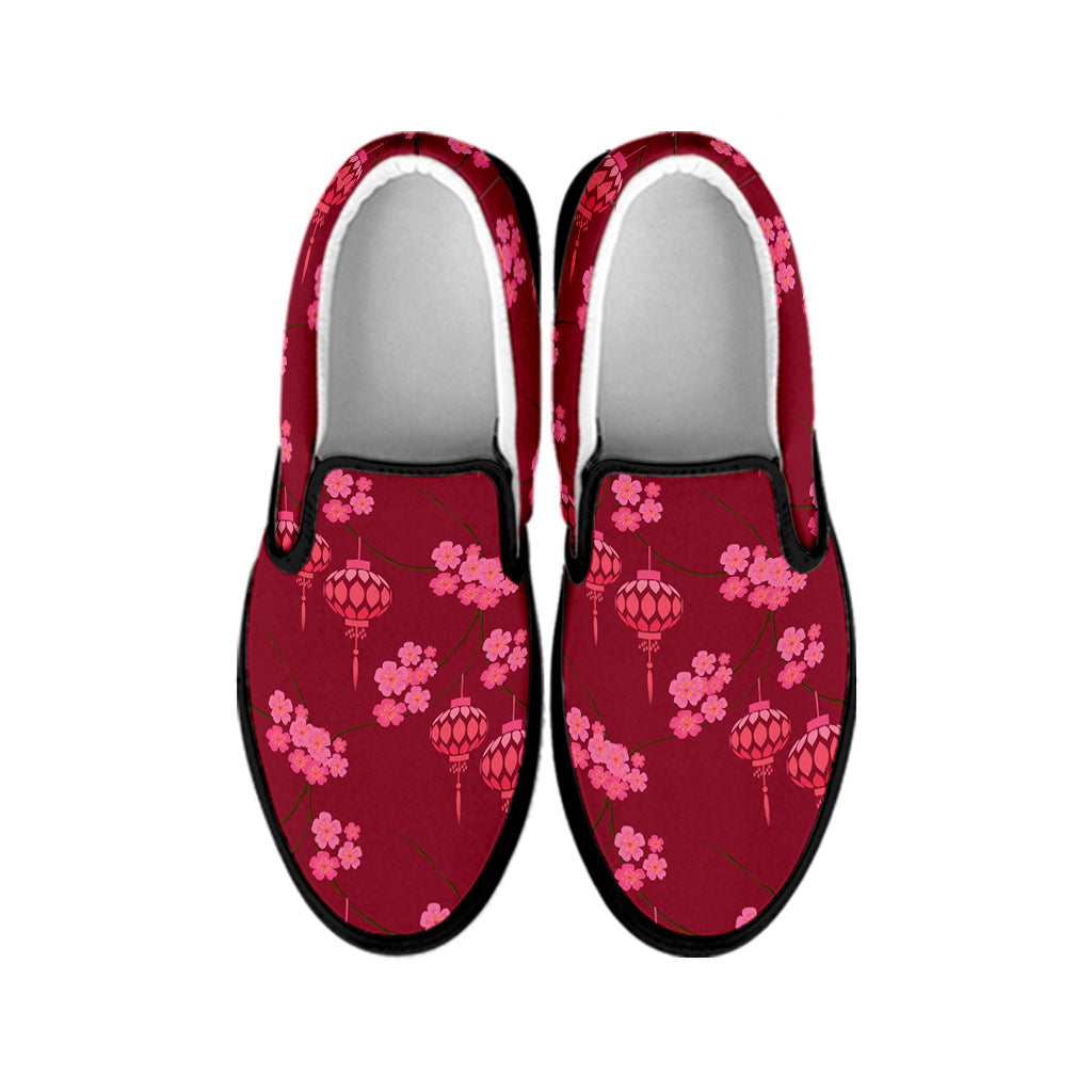 Pink Japanese Lantern Pattern Print Black Slip On Shoes