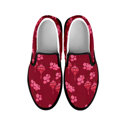 Pink Japanese Lantern Pattern Print Black Slip On Shoes