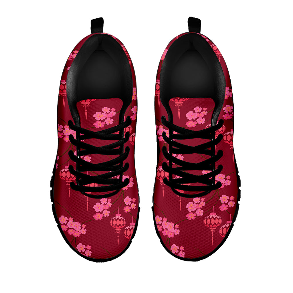 Pink Japanese Lantern Pattern Print Black Sneakers
