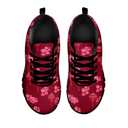 Pink Japanese Lantern Pattern Print Black Sneakers