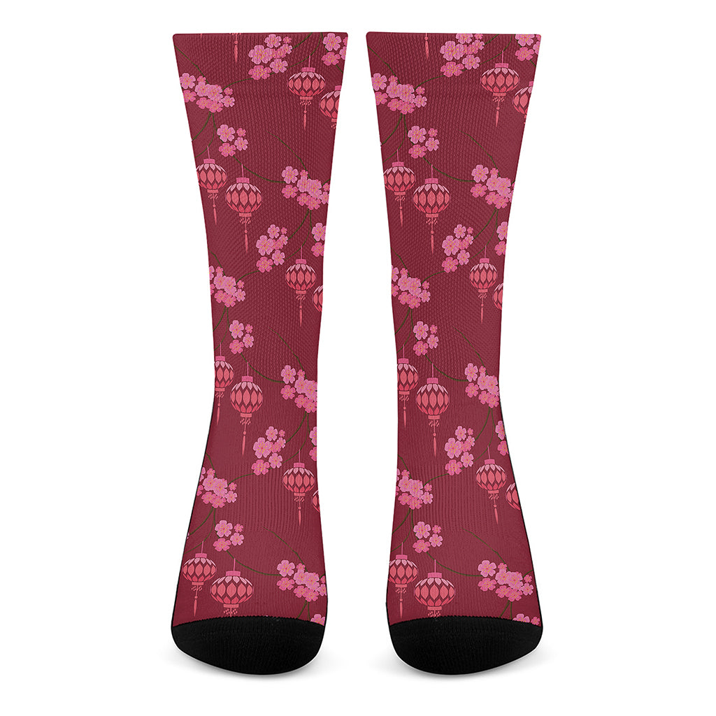 Pink Japanese Lantern Pattern Print Crew Socks