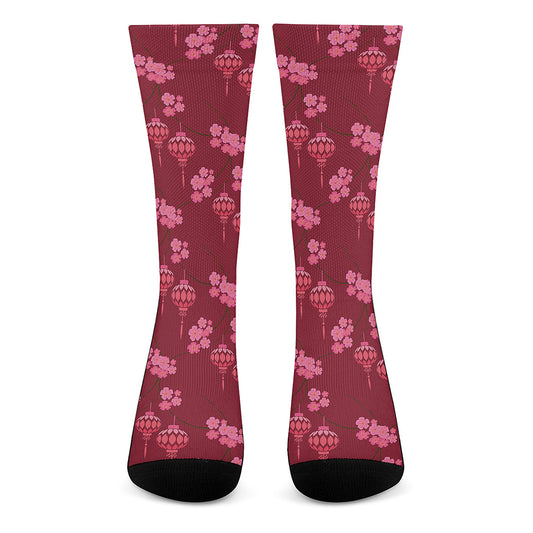 Pink Japanese Lantern Pattern Print Crew Socks