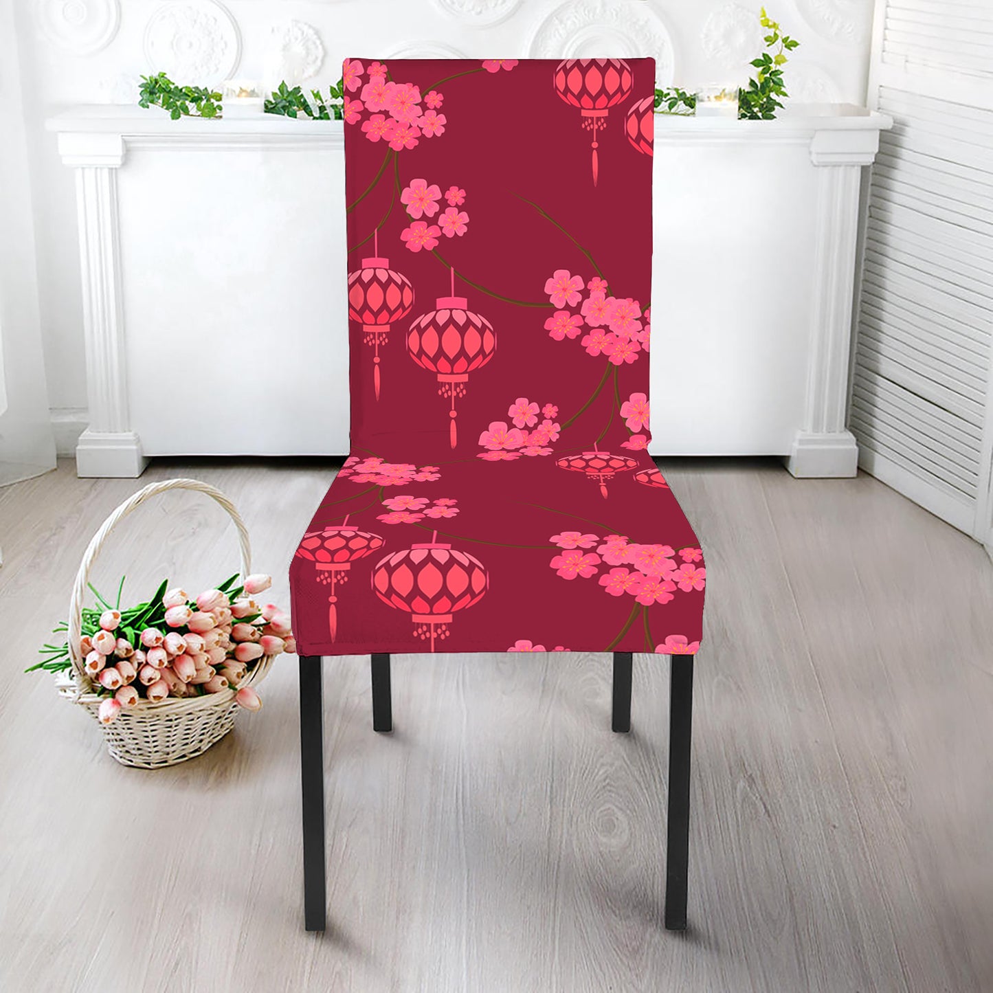 Pink Japanese Lantern Pattern Print Dining Chair Slipcover