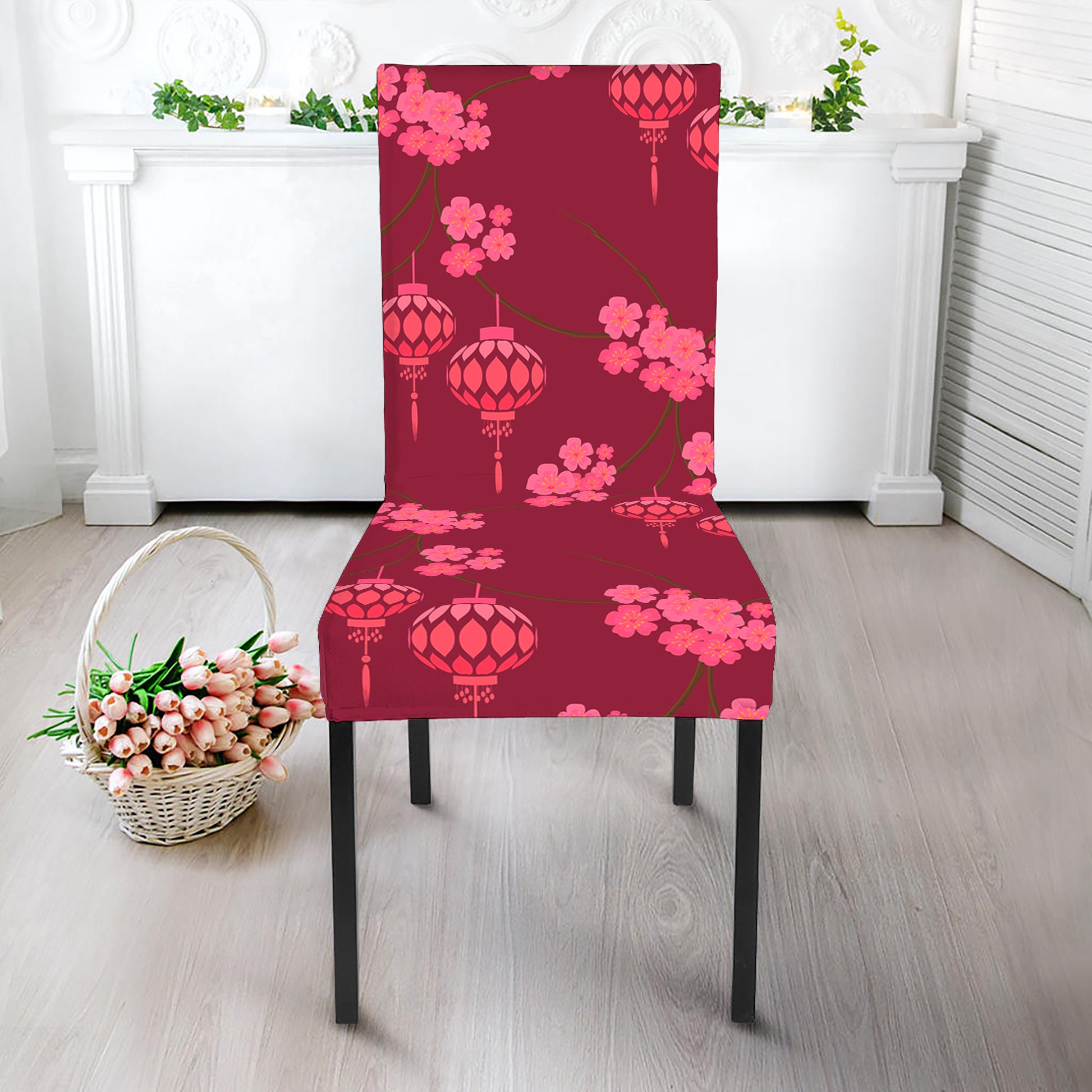 Pink Japanese Lantern Pattern Print Dining Chair Slipcover