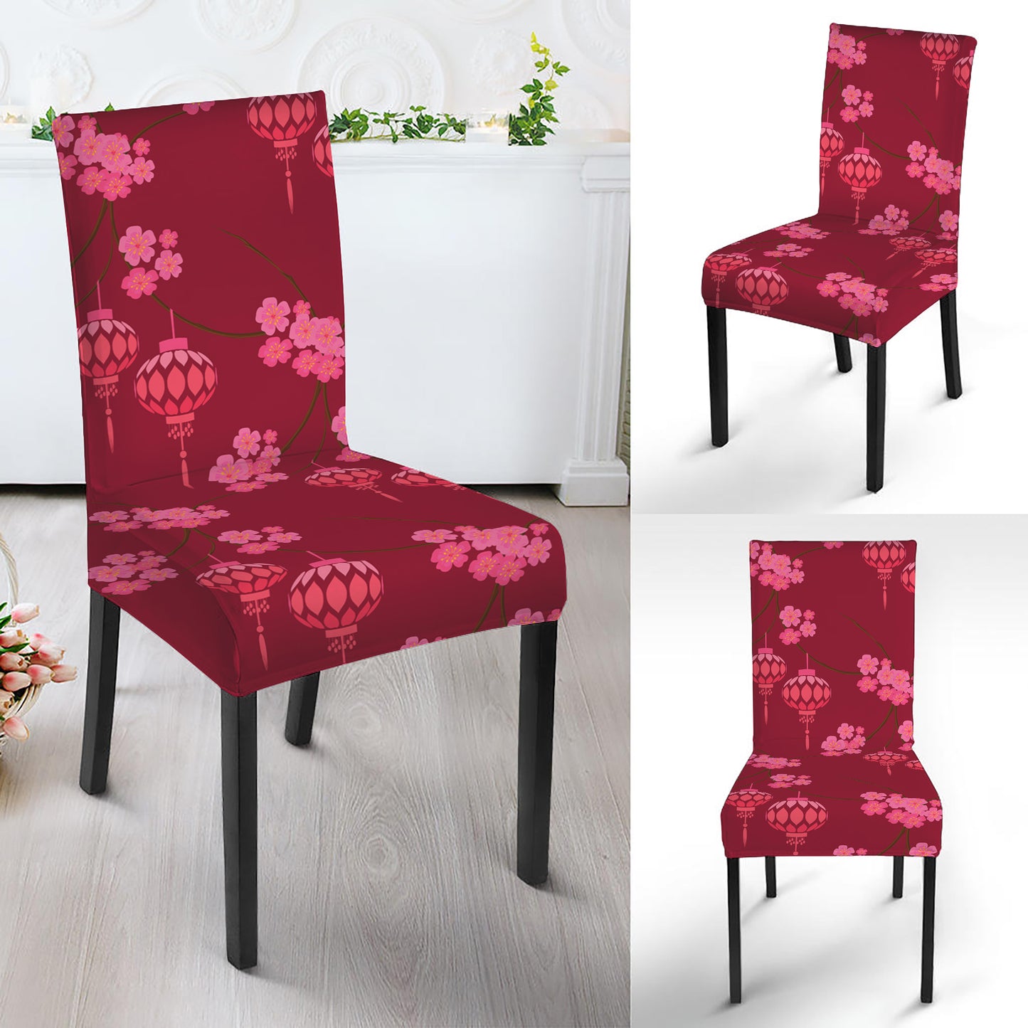 Pink Japanese Lantern Pattern Print Dining Chair Slipcover