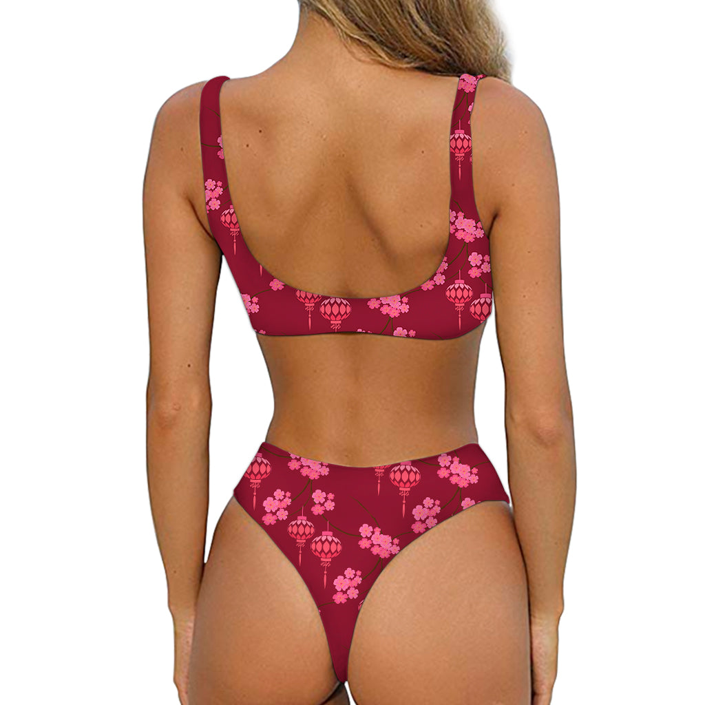 Pink Japanese Lantern Pattern Print Front Bow Tie Bikini