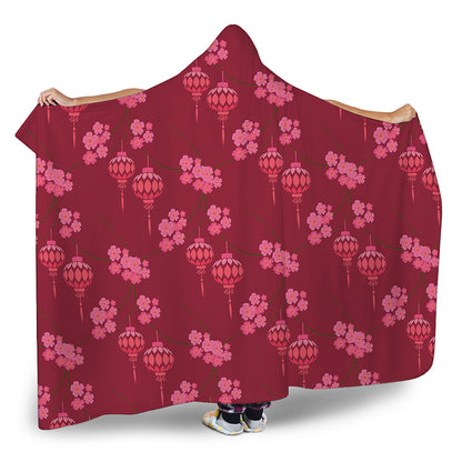 Pink Japanese Lantern Pattern Print Hooded Blanket