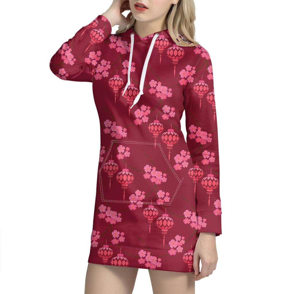 Pink Japanese Lantern Pattern Print Hoodie Dress