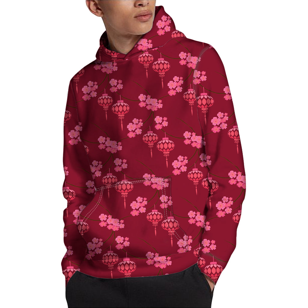 Pink Japanese Lantern Pattern Print Pullover Hoodie