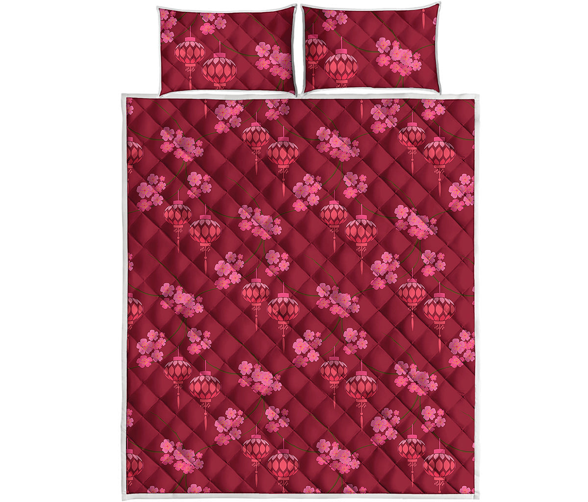 Pink Japanese Lantern Pattern Print Quilt Bed Set