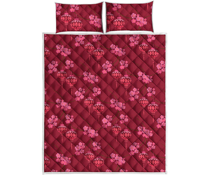 Pink Japanese Lantern Pattern Print Quilt Bed Set