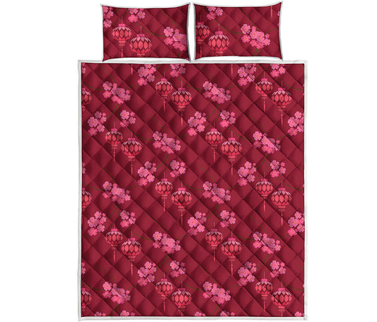 Pink Japanese Lantern Pattern Print Quilt Bed Set