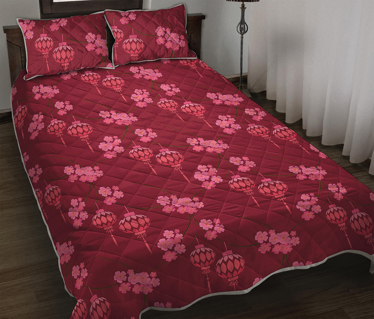 Pink Japanese Lantern Pattern Print Quilt Bed Set