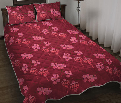 Pink Japanese Lantern Pattern Print Quilt Bed Set