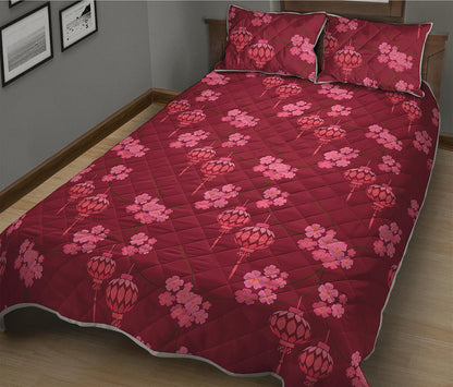 Pink Japanese Lantern Pattern Print Quilt Bed Set