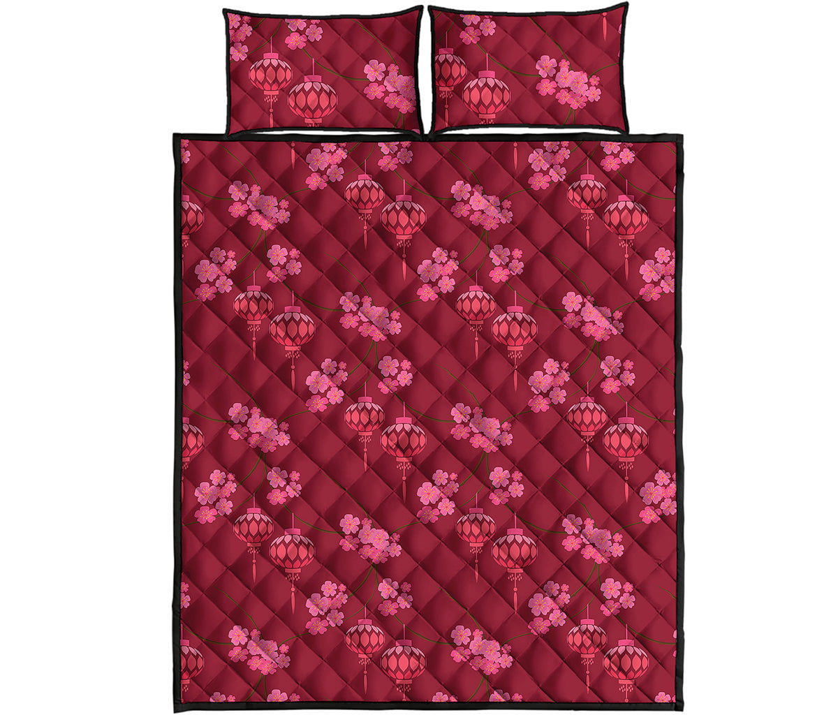 Pink Japanese Lantern Pattern Print Quilt Bed Set