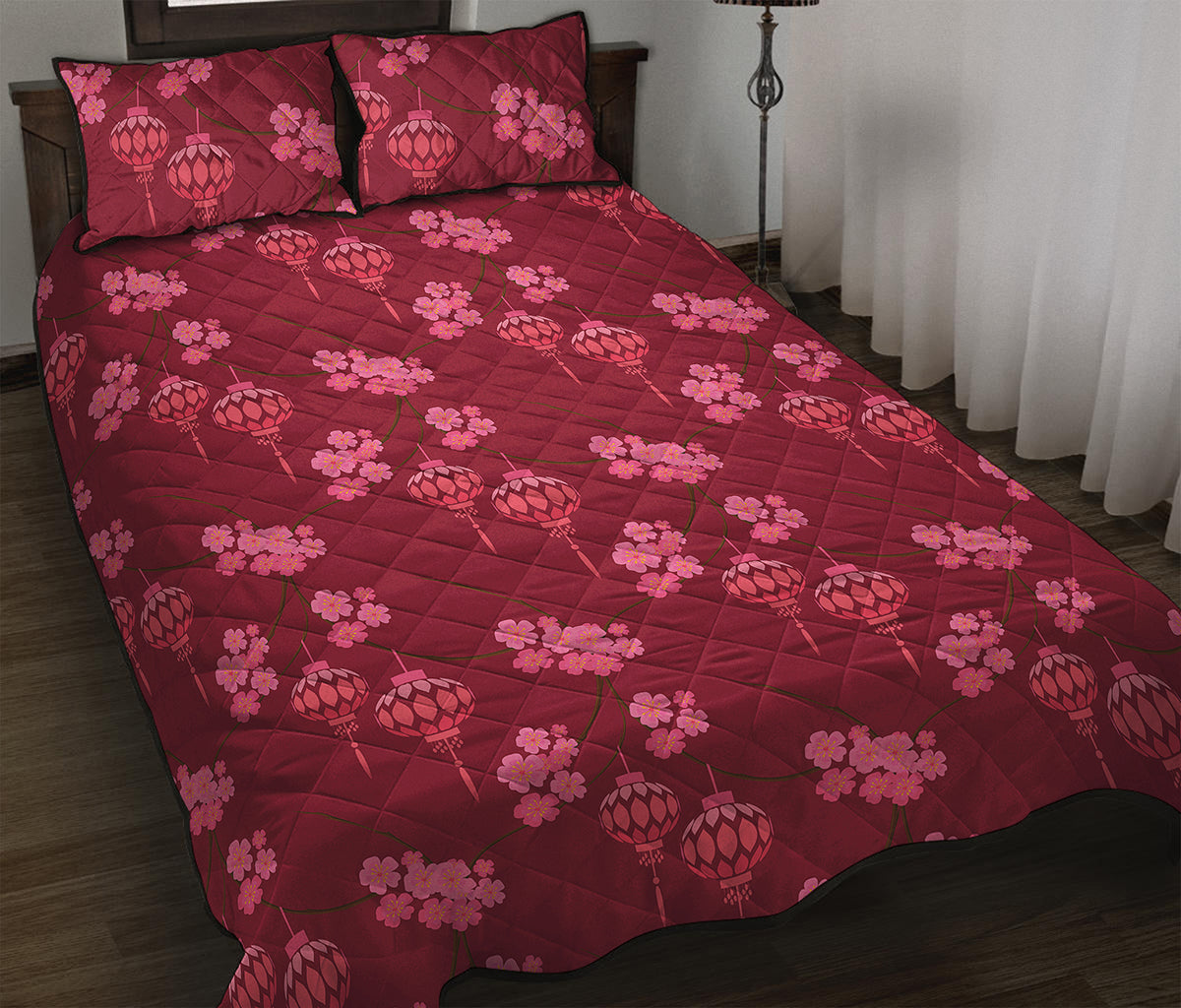 Pink Japanese Lantern Pattern Print Quilt Bed Set