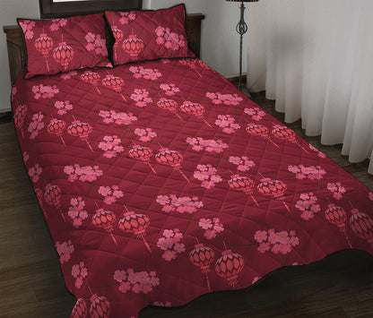 Pink Japanese Lantern Pattern Print Quilt Bed Set