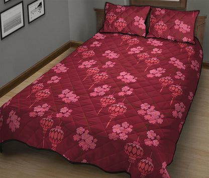 Pink Japanese Lantern Pattern Print Quilt Bed Set